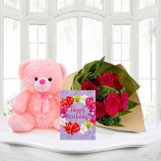 8 Red Roses Bouquet With Pink Teddy