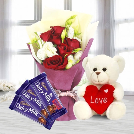 6 Red Roses Bouquet With Love Teddy