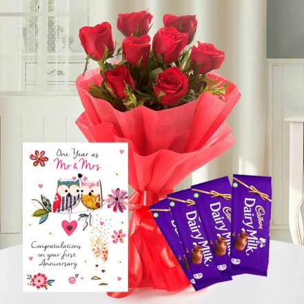 Red Roses With Anniversary Chocolates
