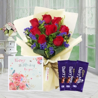 8 Red Roses With Chocolates And Birthday Card