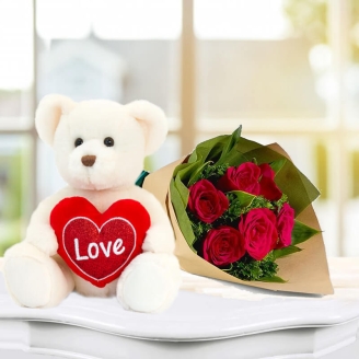 6 Inch Cute White Teddy With Red Roses