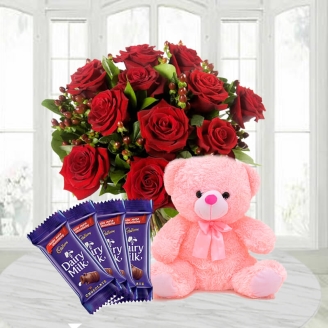 12 Red Roses With Pink Teddy And Chocolates