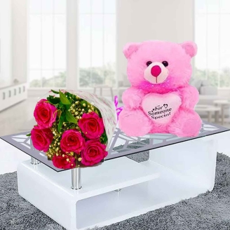 Six Roses Combo With Cute Teddy