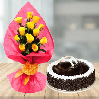 Yellow Roses with Chocolate Cake