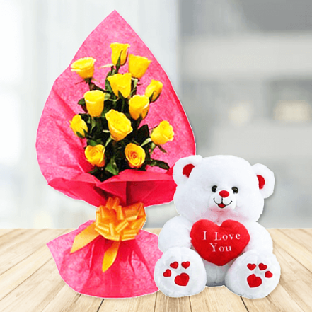 Flowers & Teddy White Bear