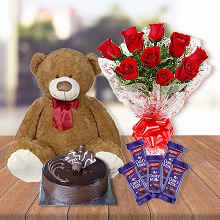 Bunch of Red Roses With Chocolate Cake