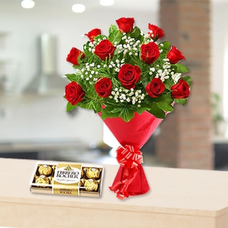 12 Red Roses with 8 Pieces Ferrero Rocher