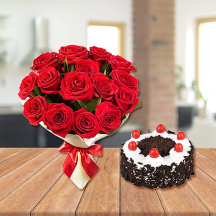 15 Red Roses with Black Forest Cake 