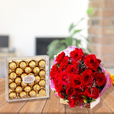 18 Red Roses with Large Ferrero Rocher