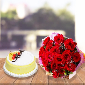 18 Red Roses with Pineapple Cake