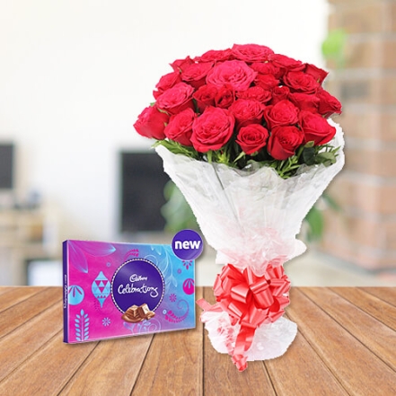 25 Red Roses with Medium Cadbury Celebration Pack