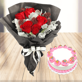 Red Roses with Lovely Vanilla Cake