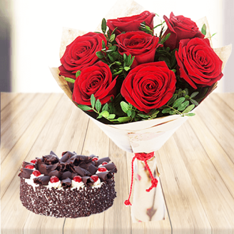 Red Roses with Black Forest Cake