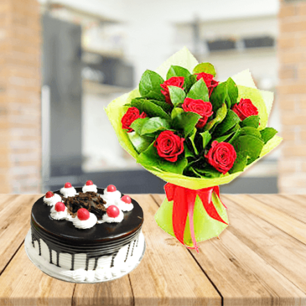 Red Roses With Black Forest cake