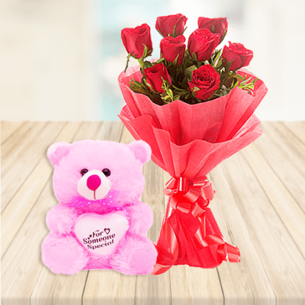 8 Red Roses with 10 Inch Teddy Bear