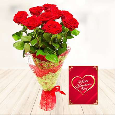 9 Red Roses with Small Valentine Card