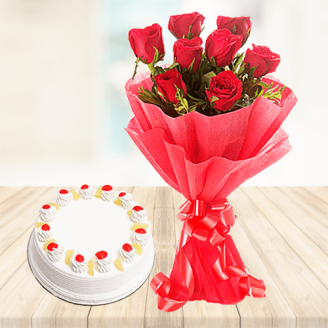 8 Red Roses Bouquet with Pineapple Cake