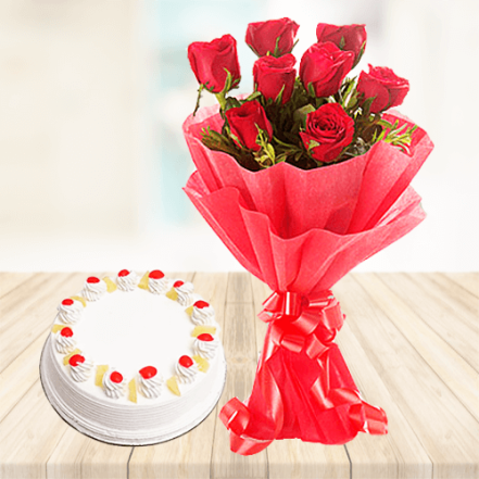 8 Red Roses Bouquet with Pineapple Cake