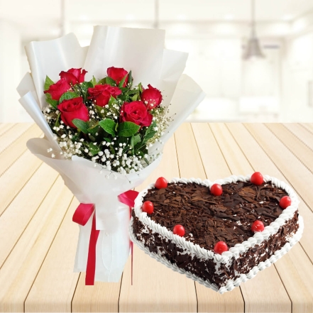 7 Red Roses with Heart Shape Black Forest Cake