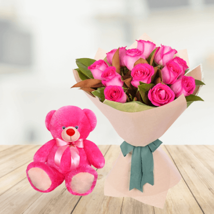 Pink Roses with Small Teddy