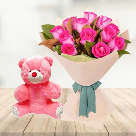 Pink Roses With Teddy Bear