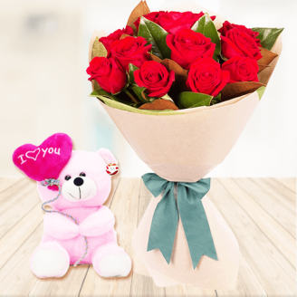9 Red Roses with 12 Inches Teddy