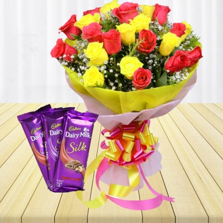 Red Yellow Roses Bouquet With Chocolates | Flowers And Chocolate Delivery  In Bangalore