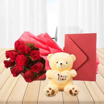 10 Red Roses Combo With Teddy
