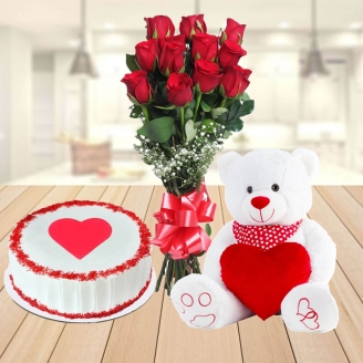 Cute White Love Teddy With Roses And Cake