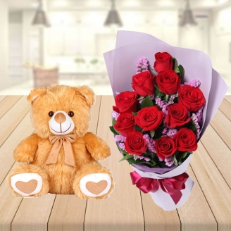 10 Red Roses With Cute Teddy