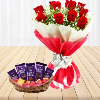 Chocolate Basket With Red Roses