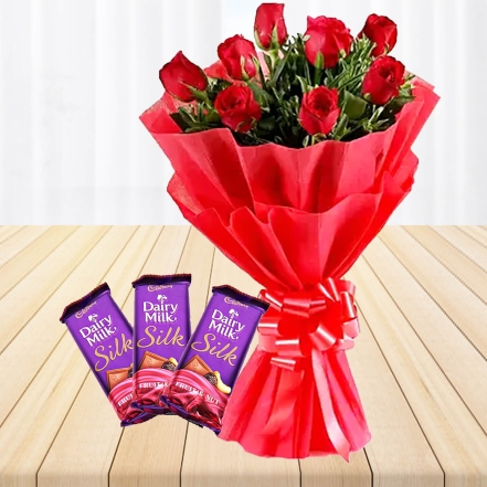 8 Red Roses With 3 Dairy Milk Chocolates