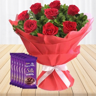 8 Red Roses With 6 Dairy Milk