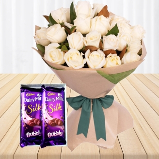 White Roses Bouquet With Chocolates