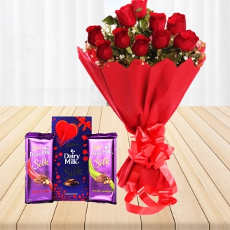 Delicious Chocolates With 10 Red Roses Bouquet
