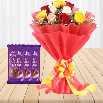 Mix Roses Bouquet With Delicious Chocolates