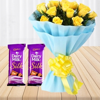 12 Yellow Roses With 2 Dairy Silk Chocolates