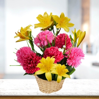 Beautiful Basket of Pink Carnations & Yellow Lilies 