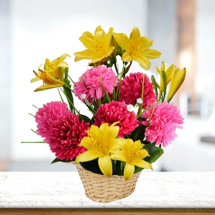 Beautiful Basket of Pink Carnations & Yellow Lilies 