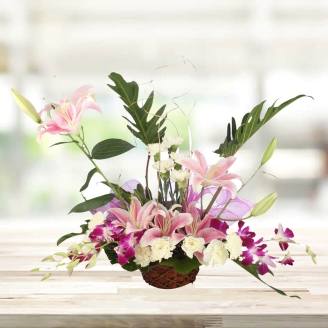 Beautiful Basket of Purple Orchids & Pink Lilies