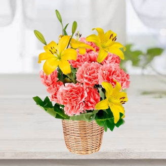 Beautiful Basket of Yellow Lilies & Pink Carnations