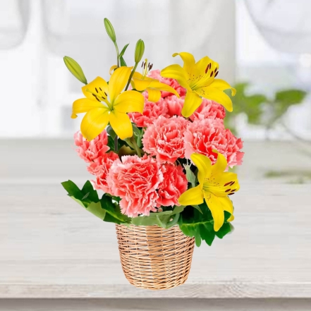 Beautiful Basket of Yellow Lilies & Pink Carnations