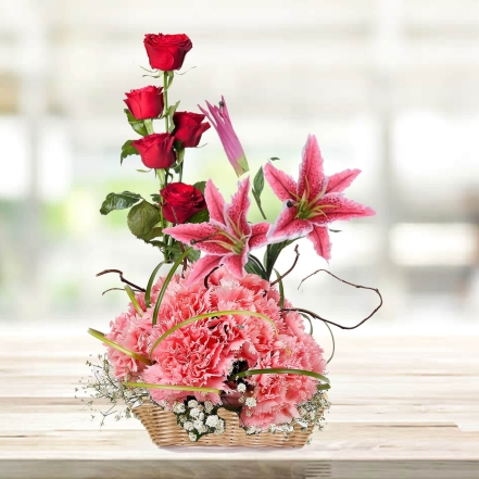 Beautiful Basket of Red Carnations & Red Lilies