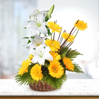 Beautiful Basket of White Lilies & Yellow Gerberas