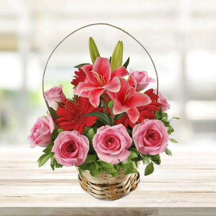 Beautiful Basket of Pink Lilies & Pink Roses