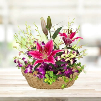 Beautiful Basket of Purple Orchids & Red Lilies