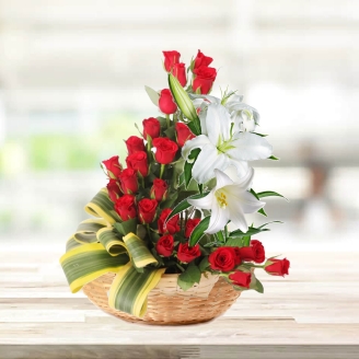 Beautiful Basket of Red Roses & White Lilies