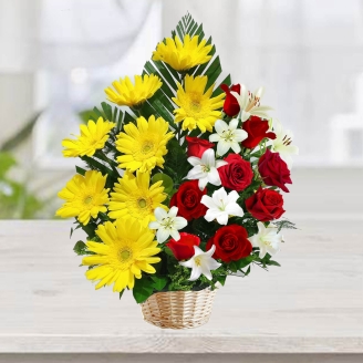 Beautiful Basket of White Lilies With Yellow Gerberas & Red Roses