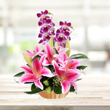 Beautiful Basket of Pink Lilies & Purple Orchids