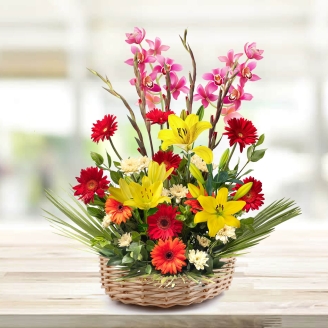 Beautiful Basket of Yellow Lilies & Purple Orchids 